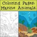 Coloring Page with example. Underwater landscape. At the bottom there are stones and various algae grow. Fish and other marine