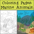 Coloring Page with example. Underwater landscape. At the bottom there are stones and various algae grow. Fish and other marine