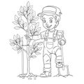 Coloring page with farmer boy planting a tree