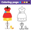 Coloring page with fashion dress and shoes. Drawing kids game. Printable activity