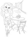 Coloring page with fashion girl.