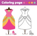 Coloring page with fashion dress and shoes. Drawing kids game. Printable activity