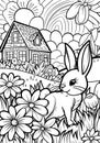 Coloring Page With a House and Flowers Royalty Free Stock Photo