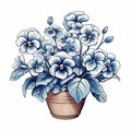 Beautiful Blue Pansies In Pot: Illustration Of Contoured Shading And Harmonious Coloration