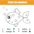 Coloring page with fish character. Color by numbers educational children game, drawing kids activity