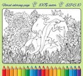 Coloring page with flowers, grass, rock and lizard