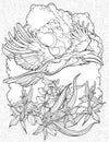 Coloring page with flying hornbill