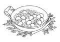 Coloring page frying pan with food. Rosemary sprigs, cooking