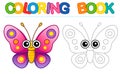 Coloring page funny smiling butterfly insect. Educational tracing coloring book for childrens activity