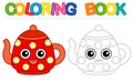 Coloring page funny smiling red teapot. Educational tracing coloring book for childrens activity