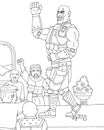coloring page of a giant being hailed by his bodyguard Royalty Free Stock Photo