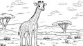 Cute Giraffe in African Savanna Landscape, Black and White Line Art Royalty Free Stock Photo