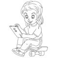 Coloring page with girl browsing tablet