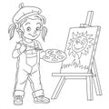 Coloring page with girl drawing, painting artist