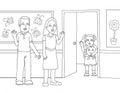coloring page a girl holding fruit while saying goodbye to her parents to go to school