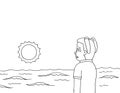 coloring page a girl looking at the sun on the beach