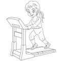 Coloring page with girl running on treadmill