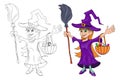 Coloring Page Girls in a Witch Costume for Halloween. Black and White. Color Sketch of a Witch. Witch Girl with a Broom