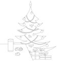 Coloring page. A glass of milk, cookies on the table. On the background of Christmas tree and presents