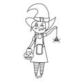 Coloring page halloween vector illustration of girl in witch costume with red hair holding pumpkin and spider. Emotion