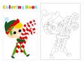 Coloring page. A happy little elf is carrying Christmas men in his hands. The boy is dressed in a traditional red and green suit. Royalty Free Stock Photo