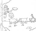 coloring page illustration of a monkey sitting on a tree while looking at a rhinoceros fighting