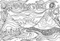 Coloring page with the inscription Woodstock, and landscape with mountains, the sun and the road going into the sunset. Vector Royalty Free Stock Photo