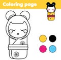 Coloring page with japanese kokeshi doll. Drawing kids game. Printable activity