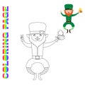 Coloring page with joyful jumping leprechaun with beer