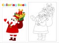 Coloring page. Joyful Santa Claus with a bag of Christmas gifts in cartoon style. Santa stands sideways.