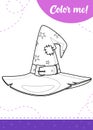 Coloring page for kids with cartoon witches hat. Royalty Free Stock Photo