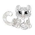 Coloring page for kids with charming cartoon lying tiger Royalty Free Stock Photo