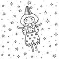 Coloring page for kids with a cute fairy. Fantasy little witch flying in the night sky Royalty Free Stock Photo