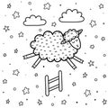 Coloring page for kids with a cute sheep jumping over the fence. Counting sheep black and white background Royalty Free Stock Photo