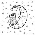 Coloring page for kids with a cute sleeping moon and owl. Good night black and white fantasy background