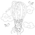 Coloring page for kids with a cute teddy bear flying in a hot air balloon and a funny seagull.