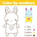 Coloring page for kids. Educational children game. Color by numbers cute bunny doll toy