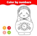 Coloring page for kids. Educational children game. Color by numbers. Easter theme activity. Russian matreshka doll