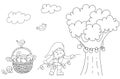 Coloring Page For Kids Featuring A Cheerful Gnome Stringing Mushrooms