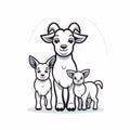 Minimalistic Cartoon Goat With Two Kids - Detailed Linework And Monochromatic Depth