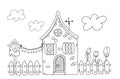 Coloring Page For Kids Featuring A Spring Scene With A House, Birdhouse, Fence, And Tulips