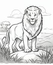 coloring page for kids, illustration of a lion in the savannas Royalty Free Stock Photo