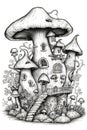 Coloring page for kids, mushroom house. Generative AI image. Royalty Free Stock Photo