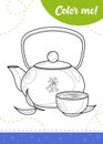 Coloring page for kids with teapot and cup of Japanese tea