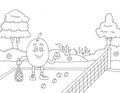 coloring page illustration of kiwi fruit characters playing tennis on the tennis court