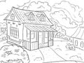 Coloring page. Landscape house in the summer