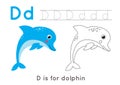 Coloring page with letter D and cute cartoon dolphin. Royalty Free Stock Photo