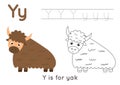 Coloring page with letter Y and cute cartoon yak. Royalty Free Stock Photo