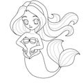 Coloring page line art of cute little mermaid underwater world. Black and white. Vector illustration for coloring book. For design Royalty Free Stock Photo