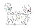 Cartoon isolated graphic illustration of a brother abd sister gaving a fight over a stuffed teddy bear toy